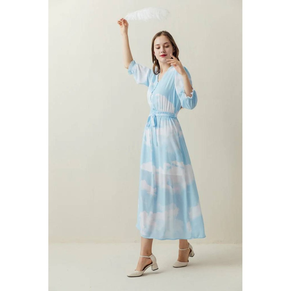 Miss Patina Heaven On Earth Cloud Print Midi Dress Blue White S